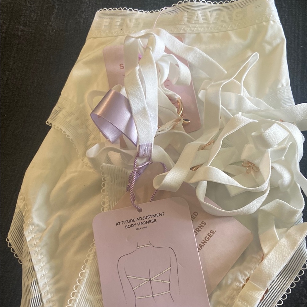 Savage X Fenty White Body Harness and panty with Gold Details